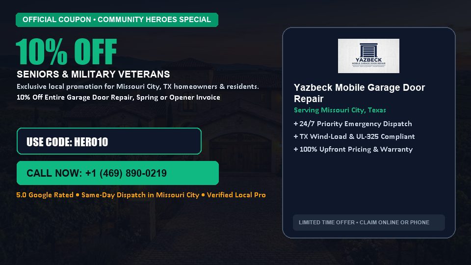Yazbeck Mobile Garage Door Repair 10% OFF Seniors & Military Veterans in Missouri City, TX